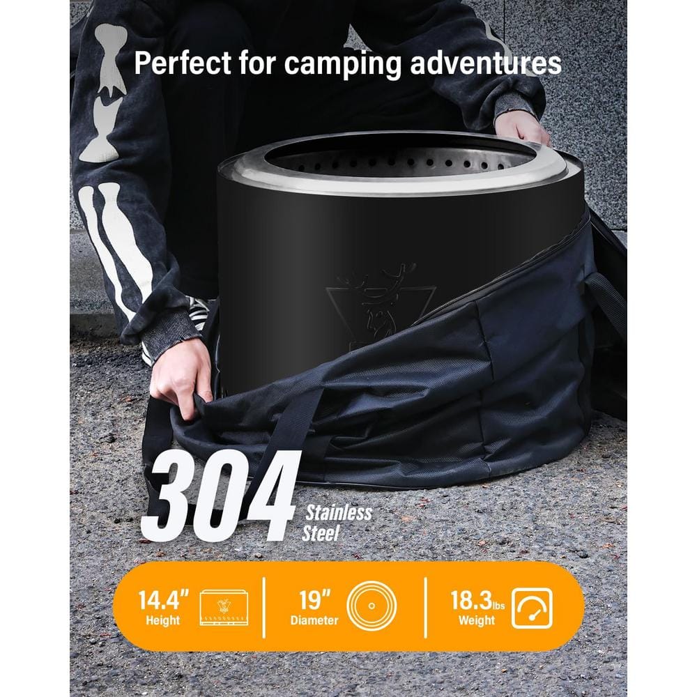19 in. Black Stainless Steel Smokeless Wood Burning Patio Fire Pit with Removable Ash Pan and Stand and Travel Bag - Hercitys