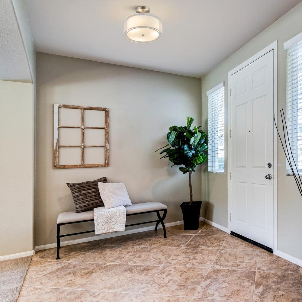 13 in. 3-Light White Semi-Flush Mount Ceiling Light Fixture Drum Light Fixture with 2-Layer Fabric Shade - Hercitys