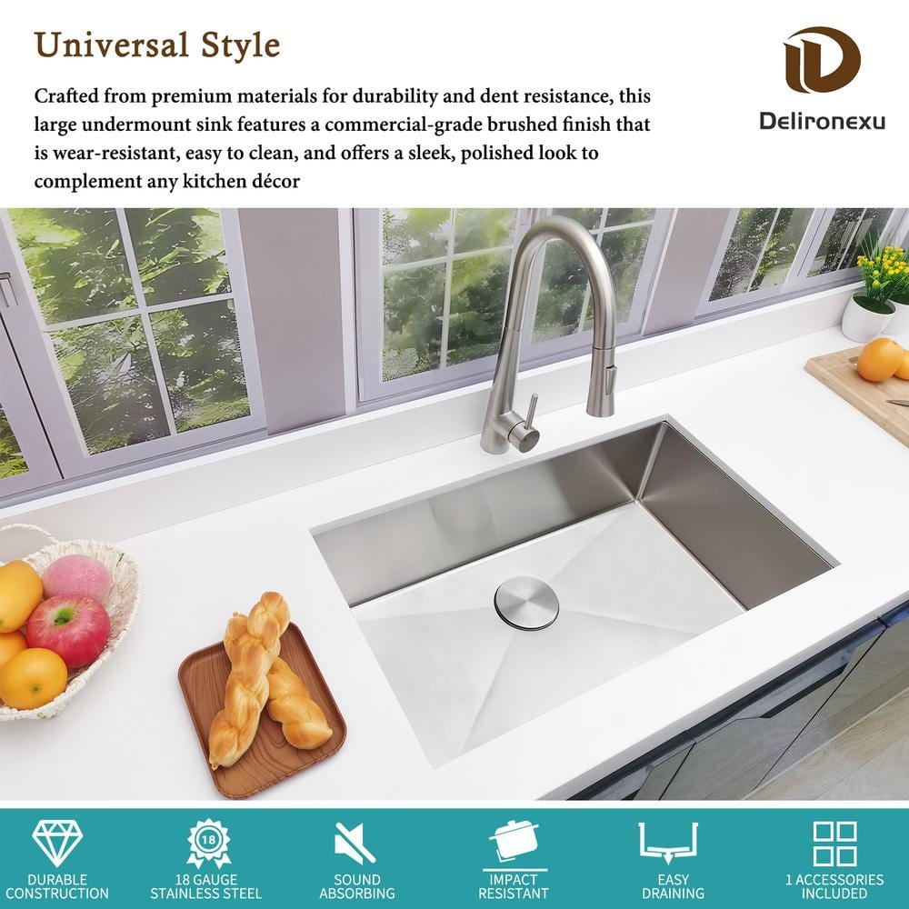 30 in. Undermount Kitchen Sink-Single Bowl 18 Gauge Stainless Steel with Strainer, Durable and Quiet Design - Hercitys