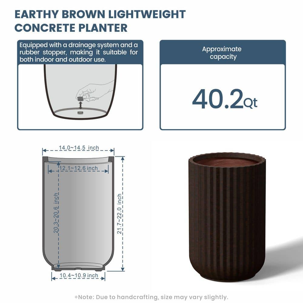 14.5 in. Large Earthy Brown(Premium Inner) Concrete Round Planter/Pot with Drainage Holes - Hercitys