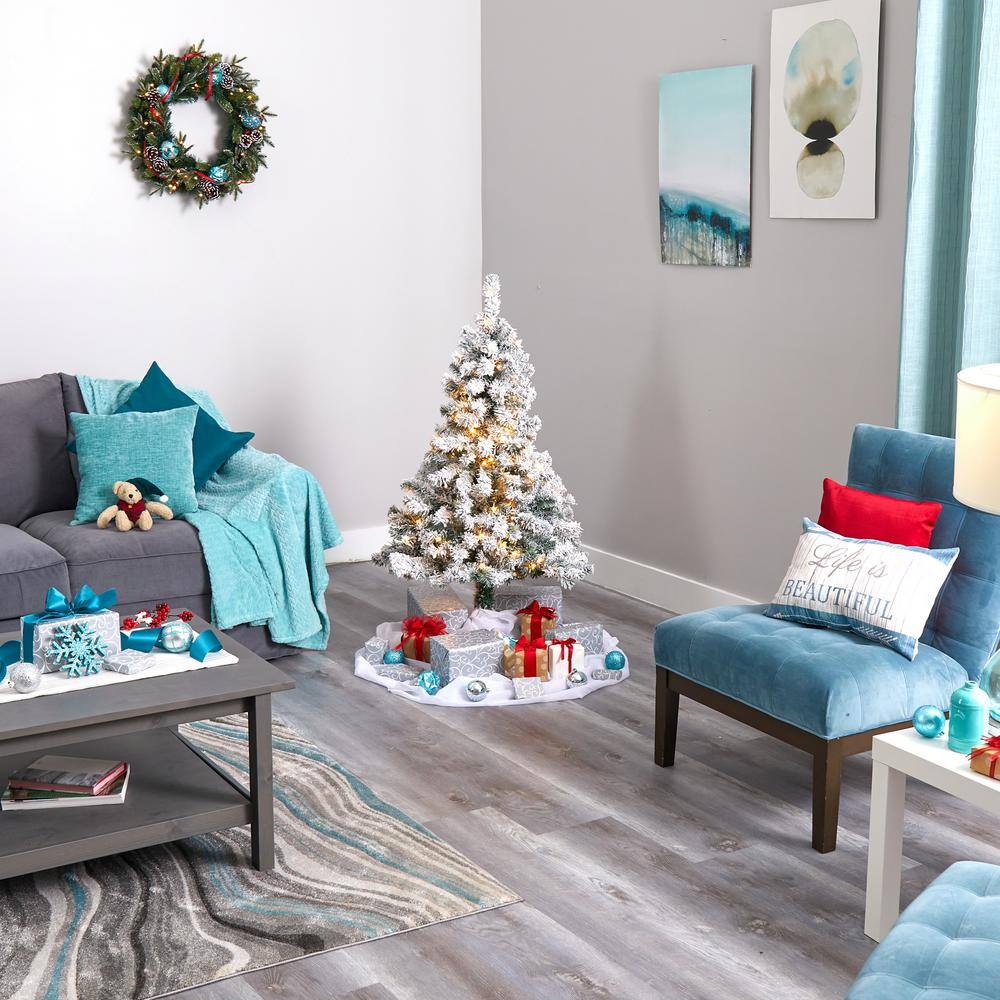 4 ft. Pre-lit Flocked Rock Springs Spruce Artificial Christmas Tree with 100 Clear LED Lights - Hercitys