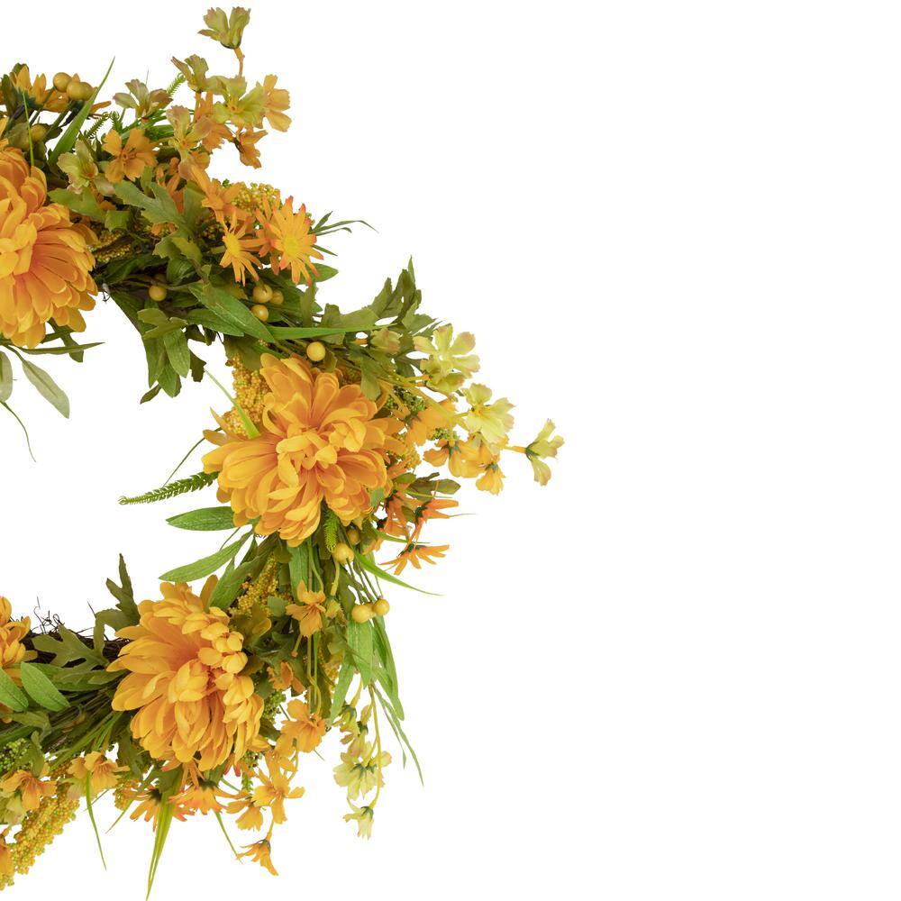 24 in. Yellow Peony Artificial Fall Harvest Twig Wreath Unlit - Hercitys