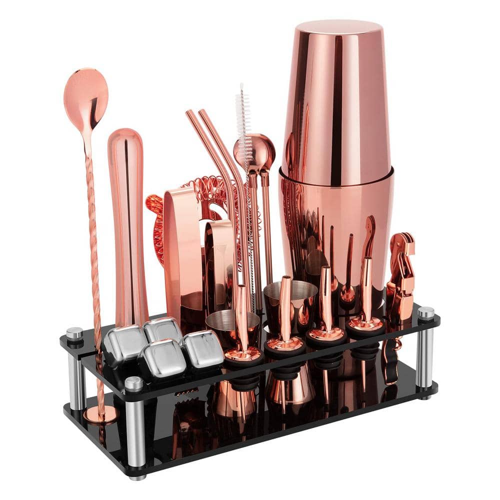 23-Piece 20 oz. and 24 oz. Rose Gold Stainless Steel Cocktail Shaker Set with Acrylic Stand and Cocktail Recipes Booklet - Hercitys