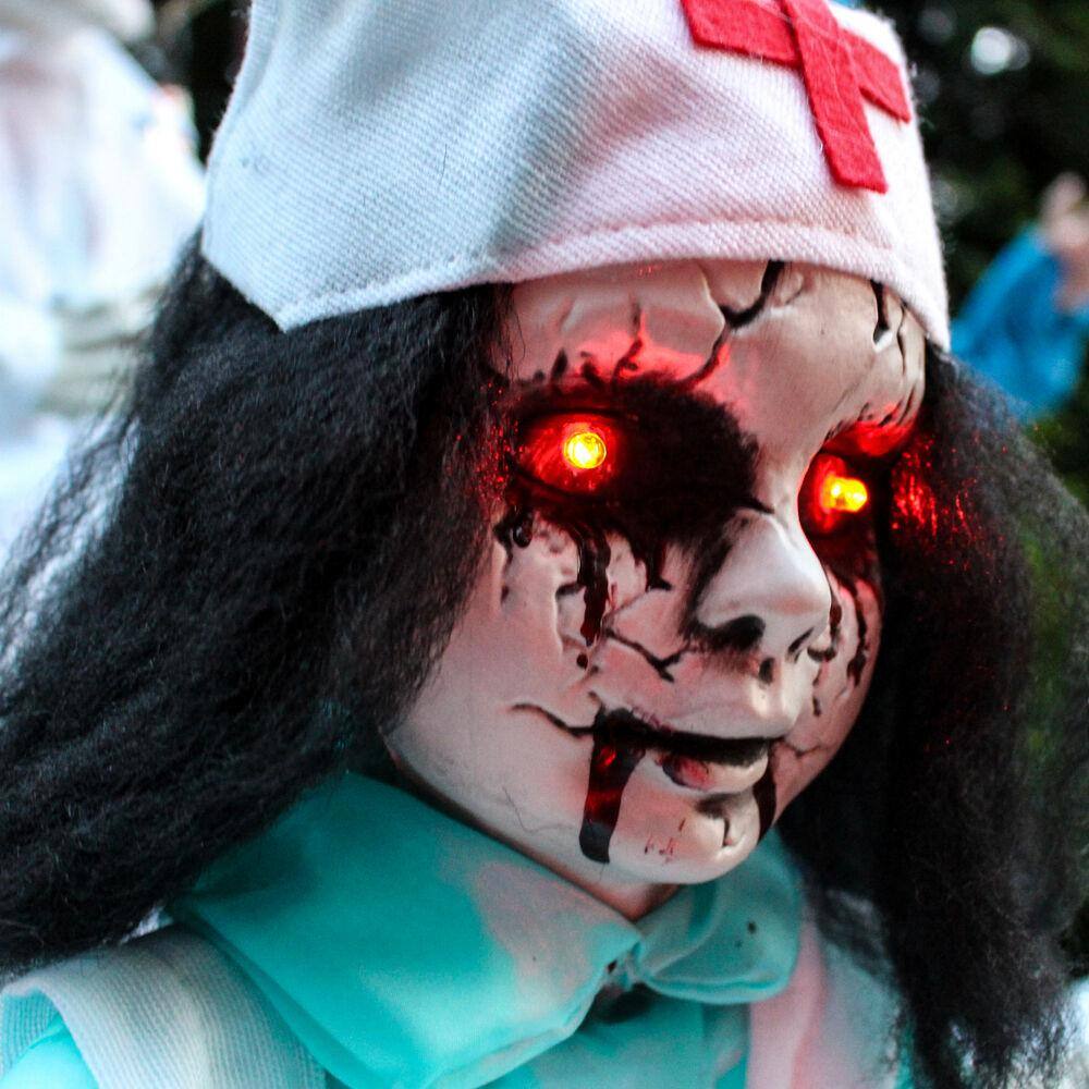 21.5 in. Battery Operated Poseable Animatronic Nurse with Red LED Eyes Halloween Prop - Hercitys
