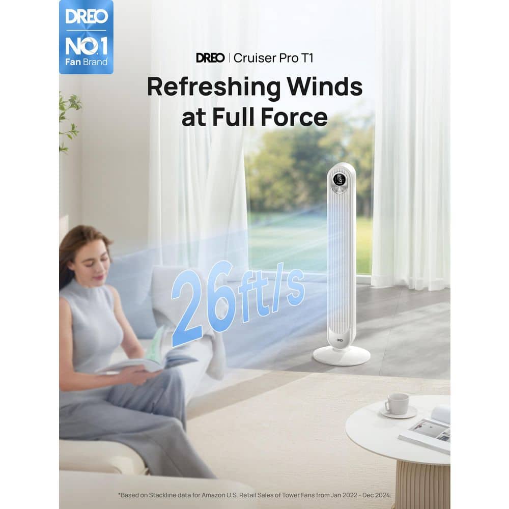 42 in. Tower Fan, 6-Speeds, 12 H Timer, 90° Oscillation with Remote, AC Motor in White - Hercitys