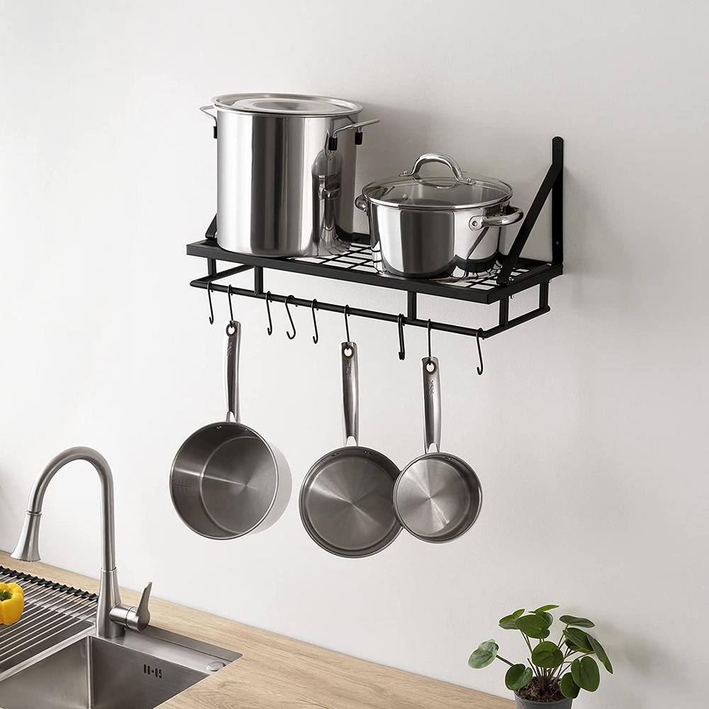 24 in. Black Wall Mounted Kitchen Pot Rack with 10-Hooks - Hercitys