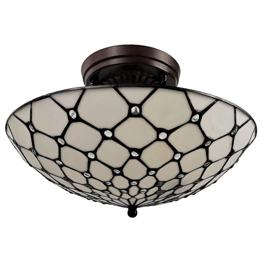 16 in. 2-Light White Tiffany Style Jeweled Flush Mount Ceiling Fixture Lamp - Hercitys