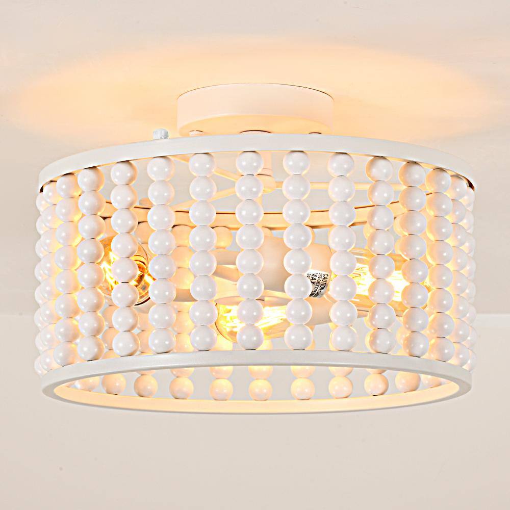 12.8 in. 3-Light White Semi Flush Mount Round Ceiling Light Fixture with Wood Bead and No Bulbs Included - Hercitys