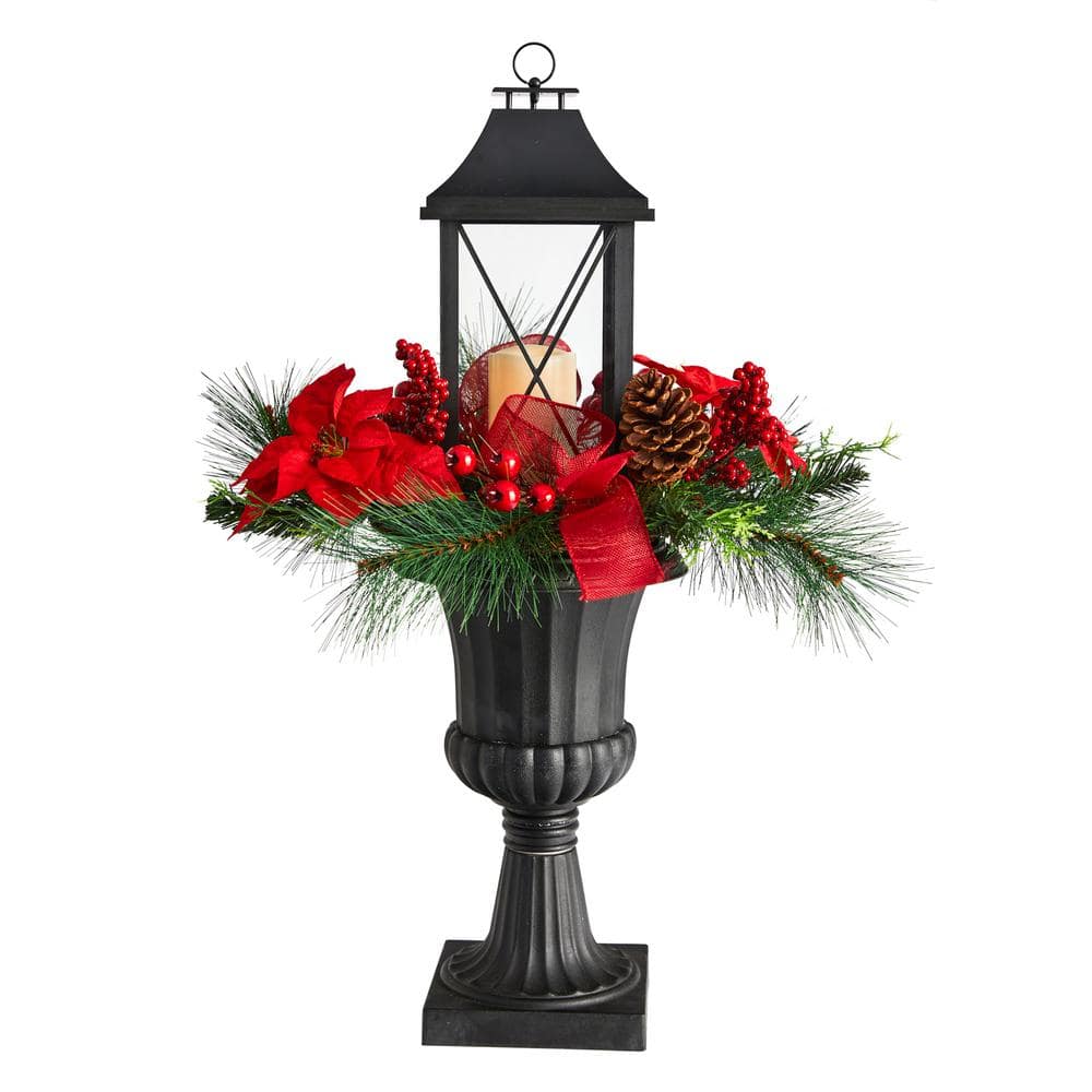 33 in. Unlit Holiday Christmas Berries and Poinsettia with Large Lantern and LED Candle Set in Decorative Urn Porch - Hercitys