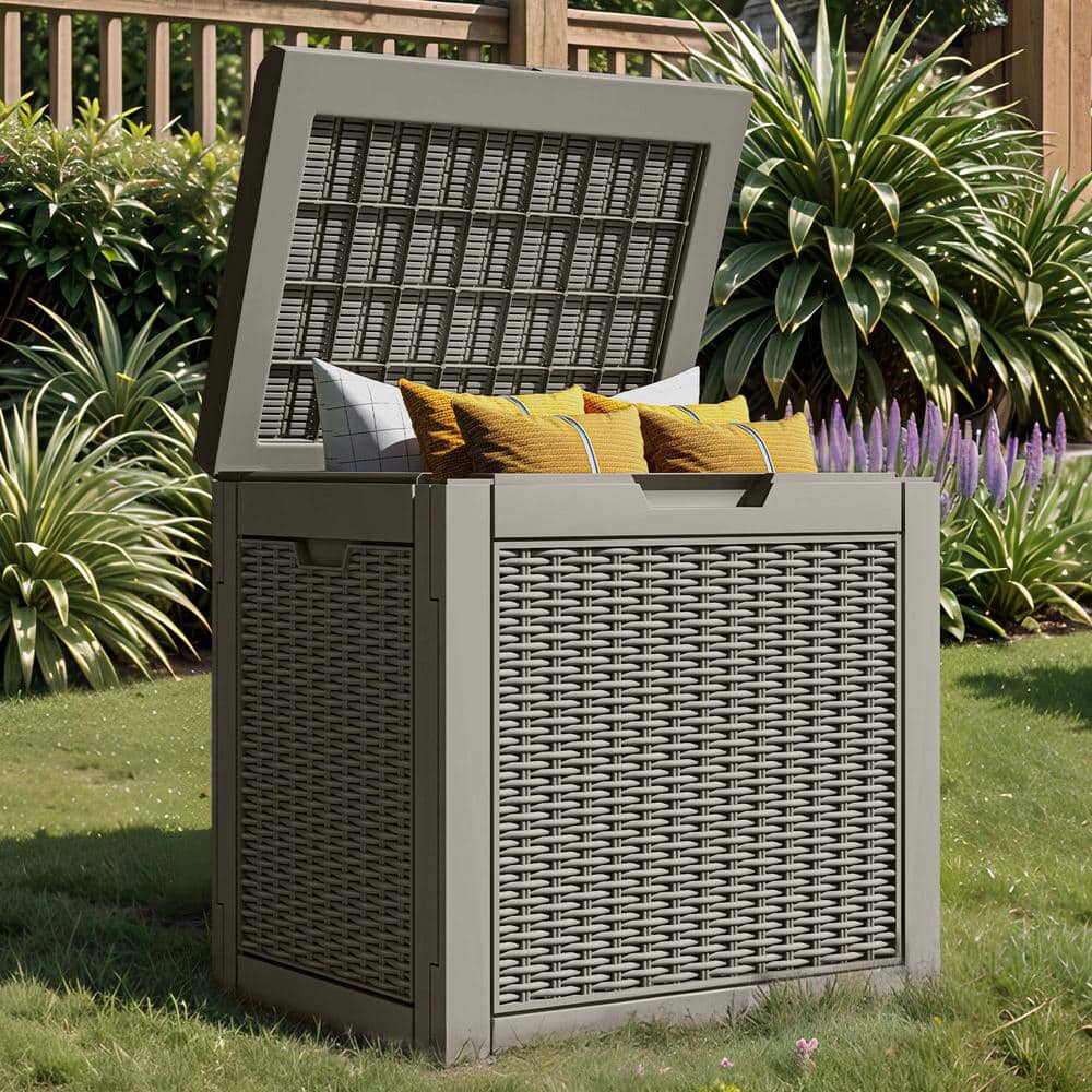 32 Gal. Outdoor Resin Deck Box, Storage Box with Lockable Lid and Side Handles, Light Brown - Hercitys