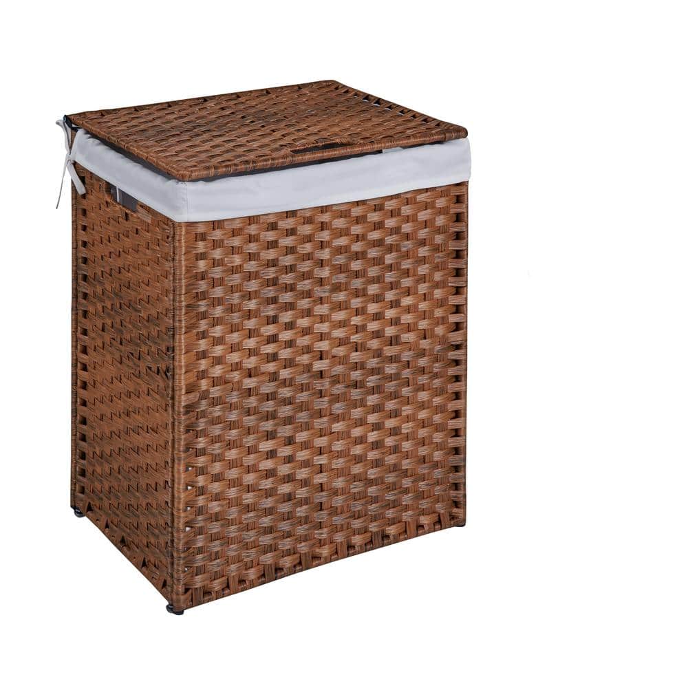 26.4 Gal. Laundry Hamper with Lid PE Rattan Powder Coating Frame Clothes Hampers with 2 Removable Bags, Brown Deck Box - Hercitys