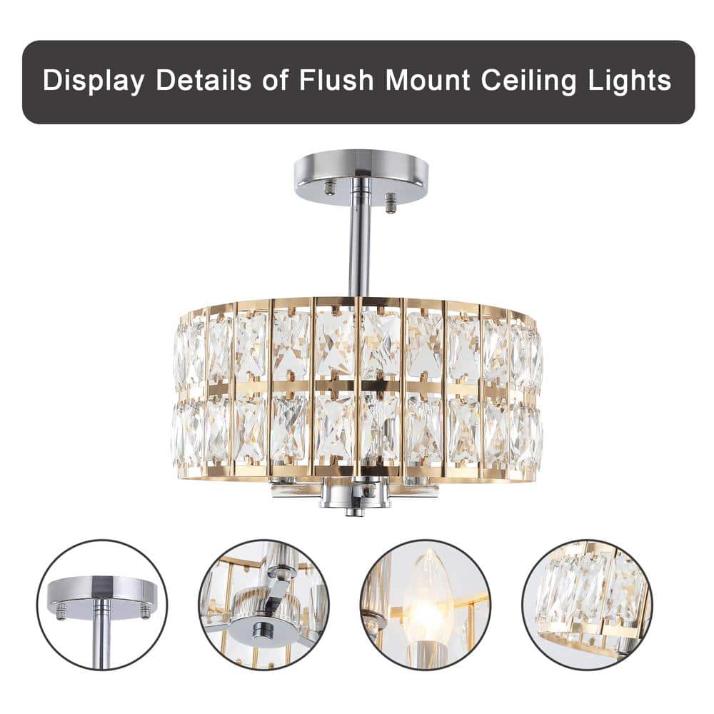 12.59 in. 3-Light Chrome and French Gold Modern Drum Semi-Flush Mount Light With Clear Crystal Glass Shade - Hercitys