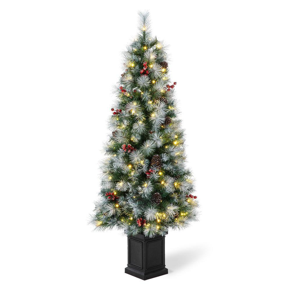 5 ft. Pre-Lit Pine Artificial Christmas Porch Tree with 150 Warm White Lights, Pine Cones and Red Berries - Hercitys