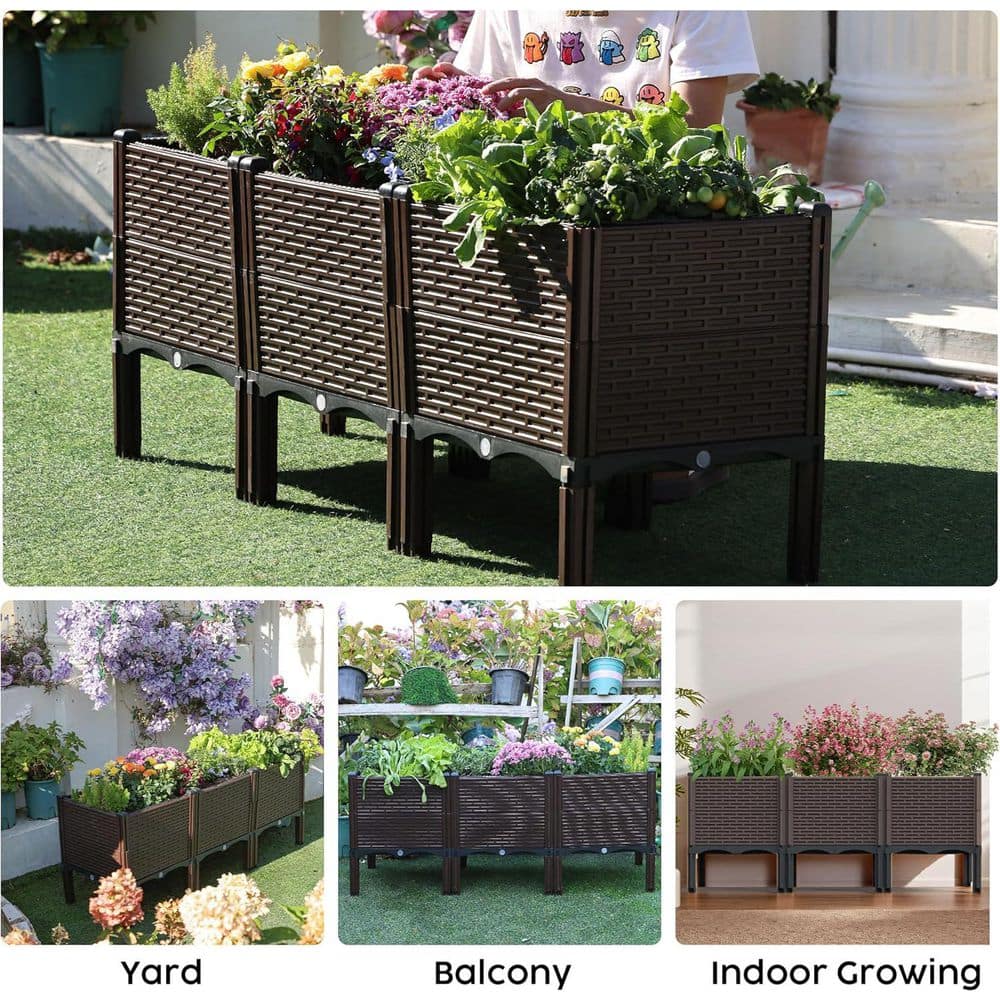 47 in. L x 15 in. W x 19 in. H Raised Garden Bed with Drain Outlet, Brown Polypropylene Planter Box - Hercitys