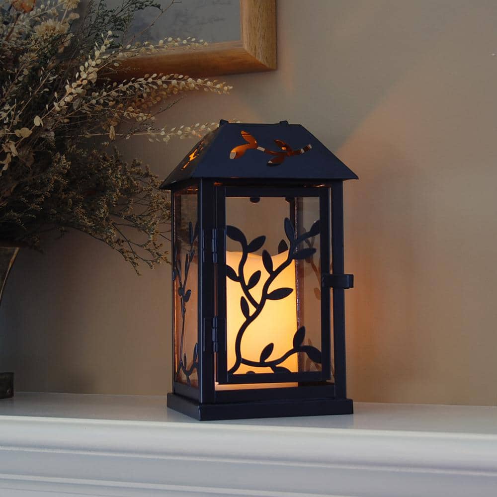 5.3 in. x 9 in. Black Vine Metal Lantern with LED Candle - Hercitys