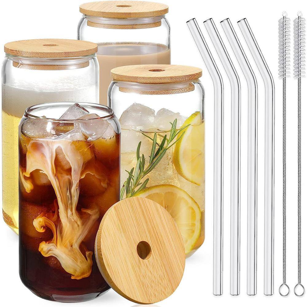 16 oz. Clear Shaped Drinking Glass Set with Bamboo Lids, 4 Straw and 2 Cleaning Brush (4-Pack) - Hercitys