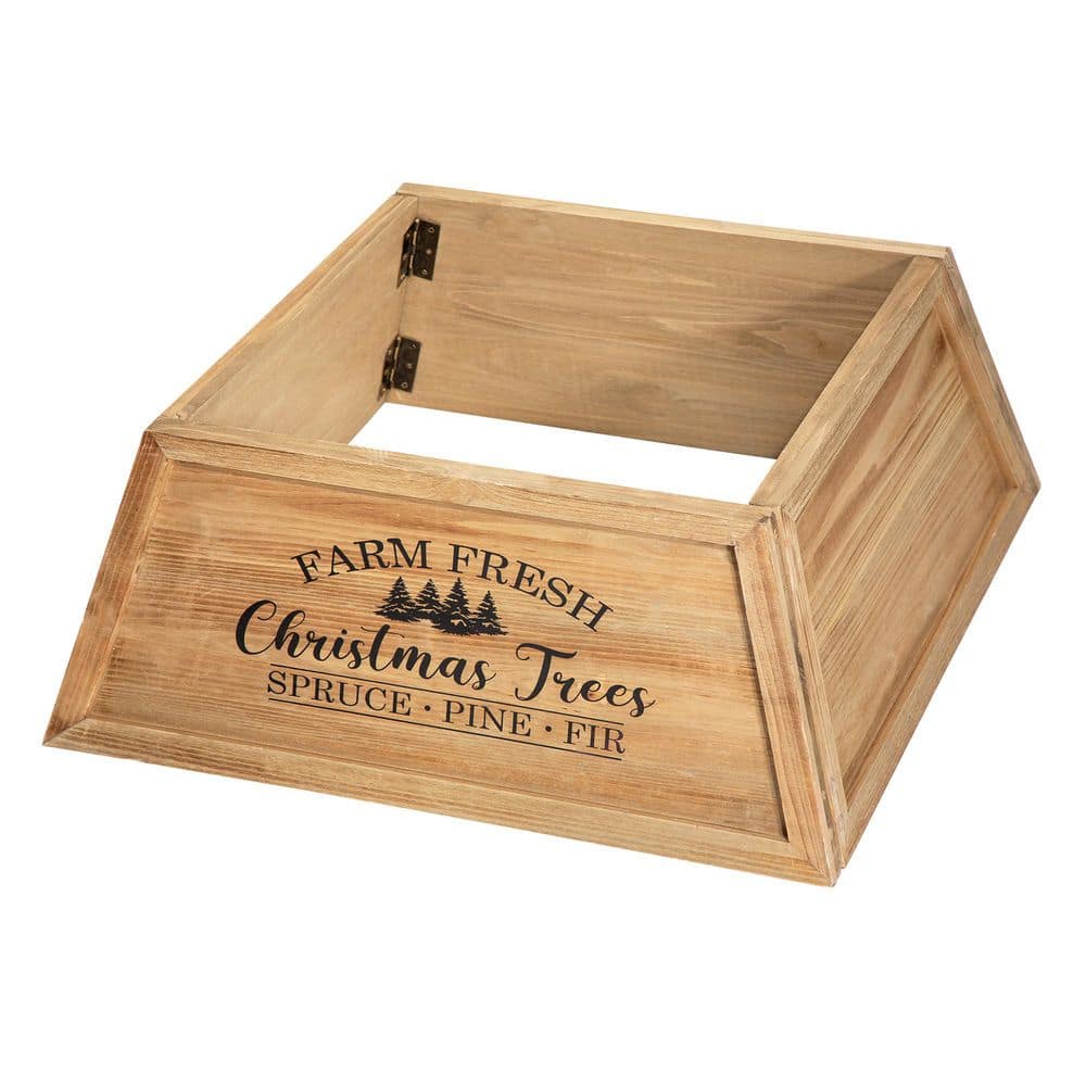 10.67 in. H Natural Wooden Trapezoid Farm Fresh Brown Christmas Trees Tree Collar (KD) - Hercitys