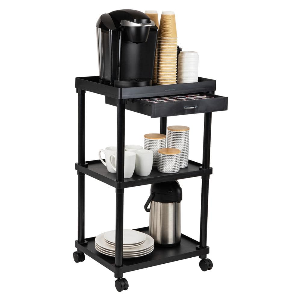 3-Tier Utility Cart Coffee Cart, Bathroom, Kitchen, Plastic, 20 in. L x 15 in. W x 34.5 in. H, Black - Hercitys