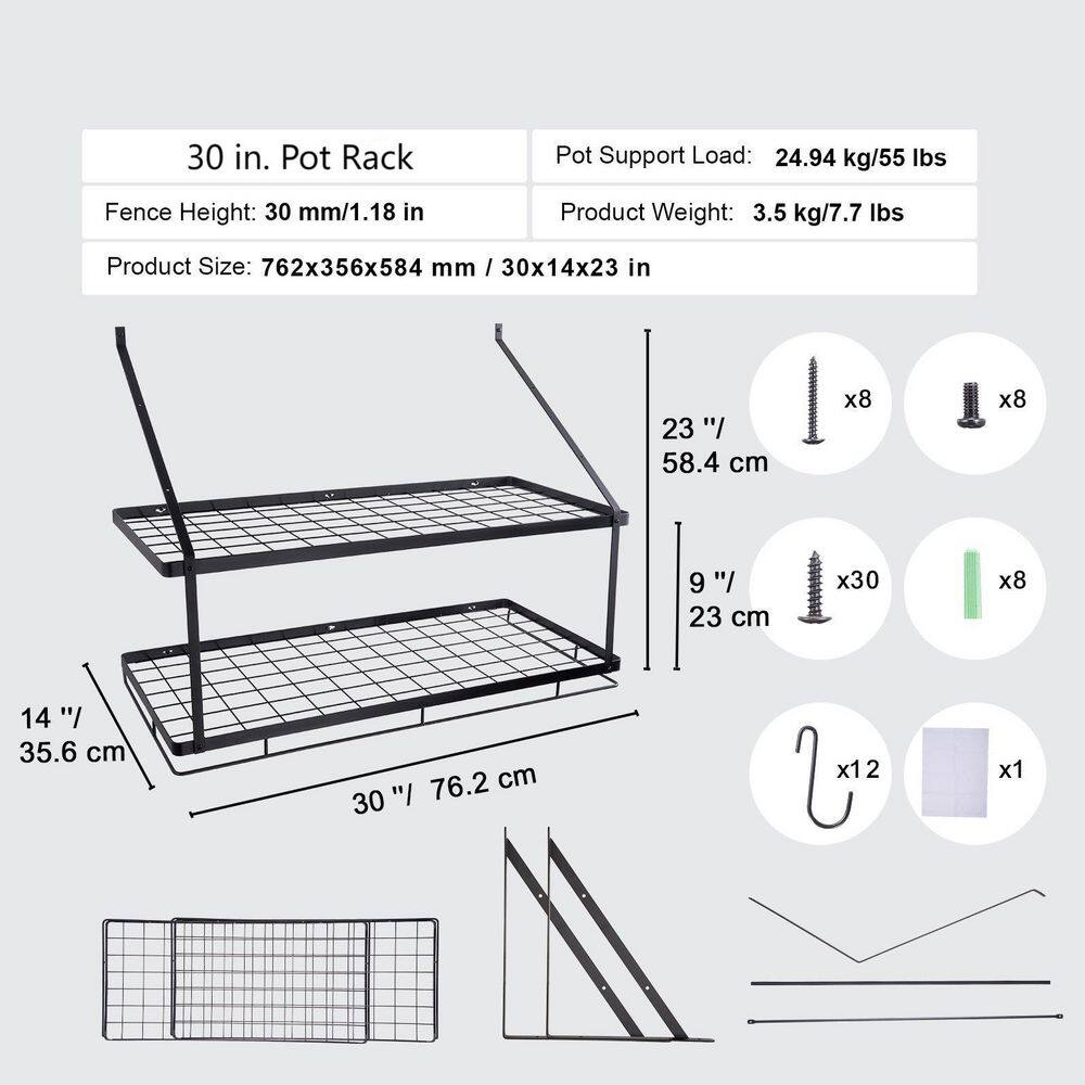 30 in. Black Wall Mounted Pot Rack with 12 S Hooks, 2-Tier Pot and Pan Hanging Rack - Hercitys