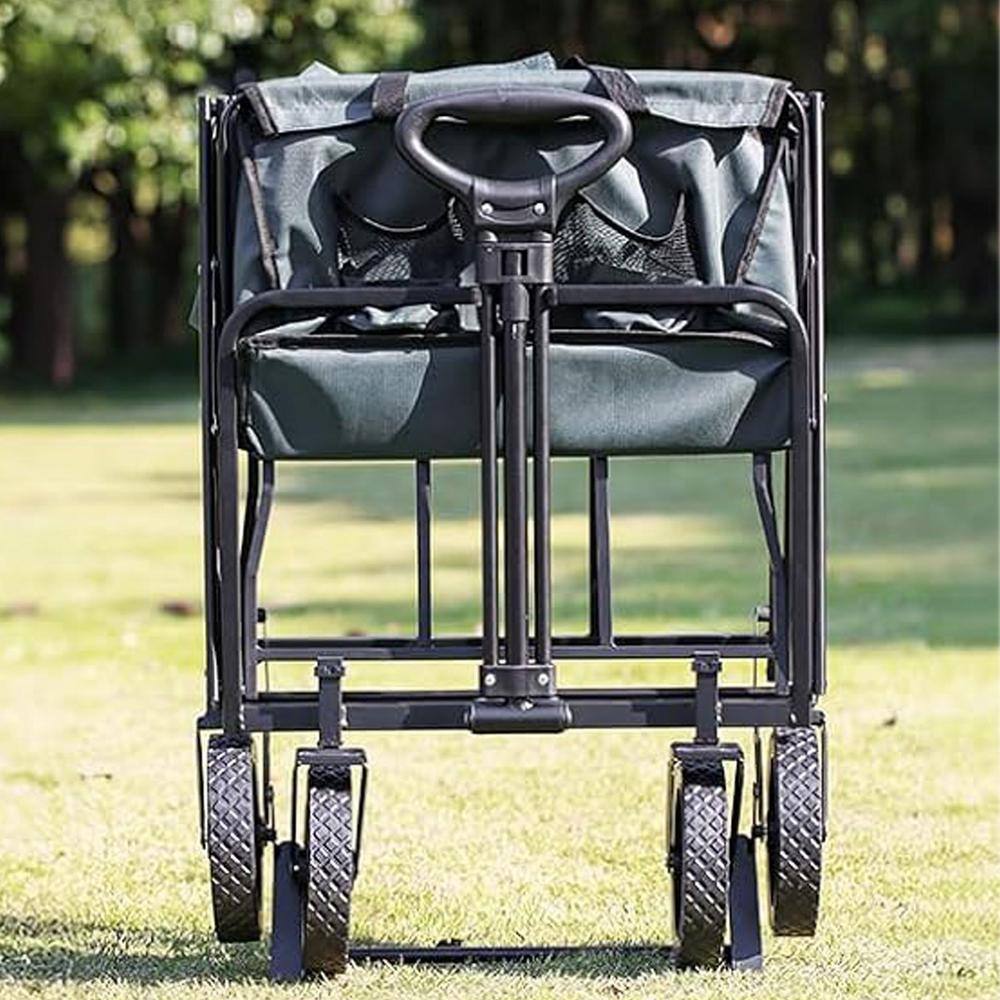 4.9 cu. ft. Fabric PVC Garden Cart, 2-Fold Collapsible Wagon Cart with Metal Frame, Cup Holder, Adjustable Handle, Green - Hercitys
