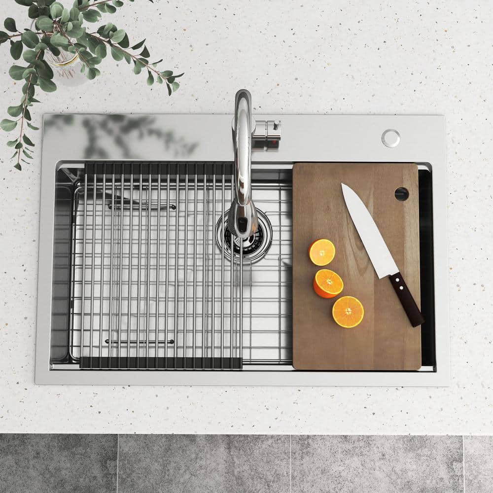 33 in. Drop-In/Undermount Single Bowl 16 Gauge Gunmetal Sliver Stainless Steel Kitchen Sink with Bottom Grids - Hercitys