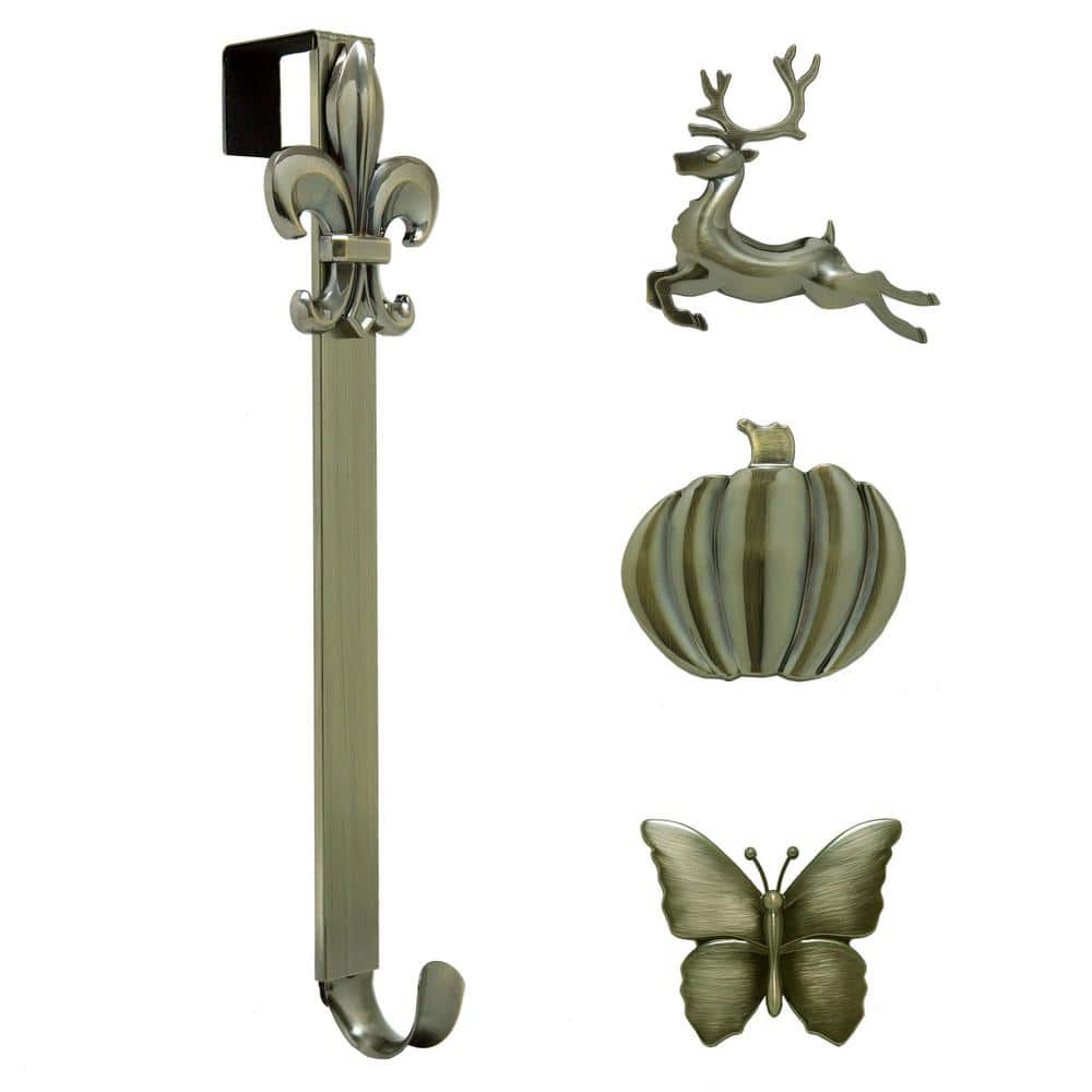 15.75 in. Artificial Antique Brass Adjustable Wreath Hanger with Butterfly, Reindeer, Pumpkin, and Fleur De Lis Icons - Hercitys