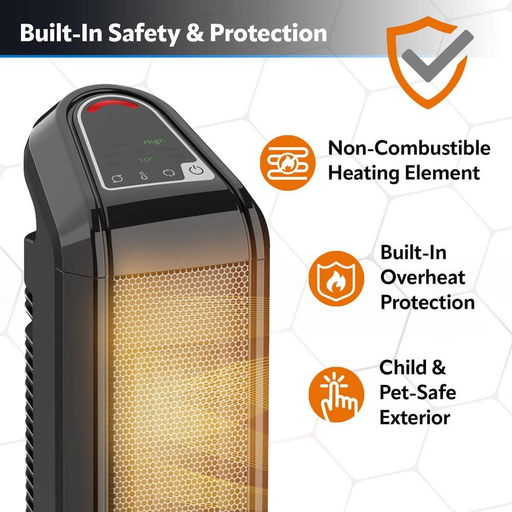 1500-Watt 16 in. Electronic Ceramic Tower Space Heater in Black with Touch Control and Adjustable Thermostat - Hercitys