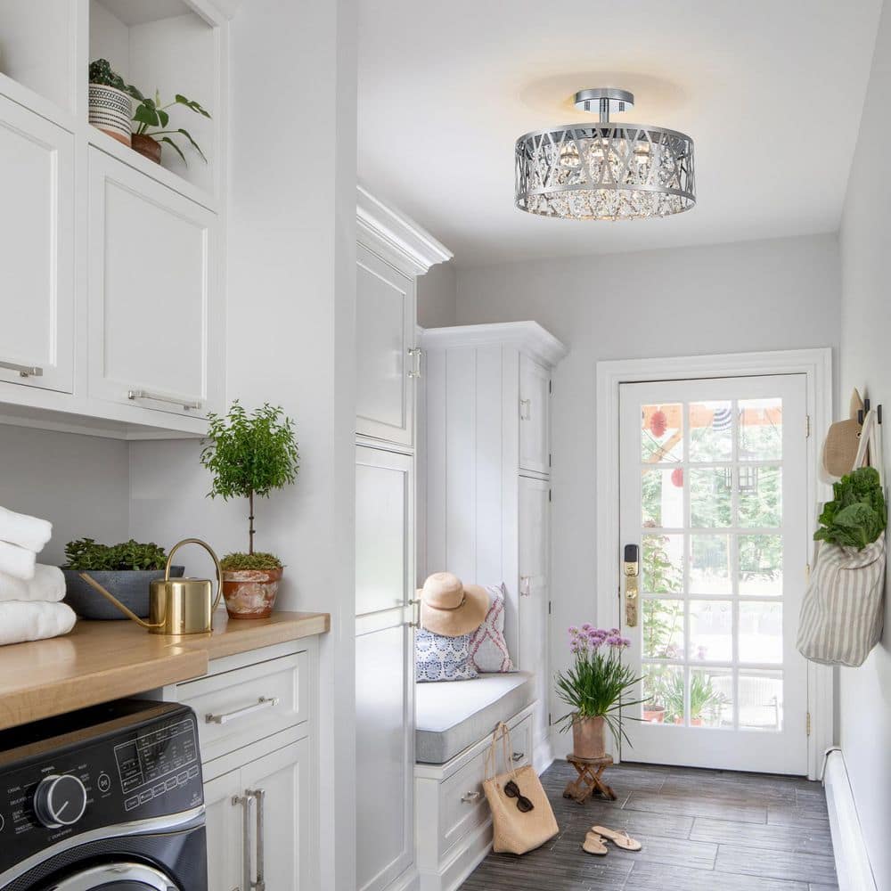 13.78 in. 1-Light Modern Chrome Round Dimmable LED Semi-Flush Mount Ceiling Light with Beaded Drum Crystal Shade - Hercitys