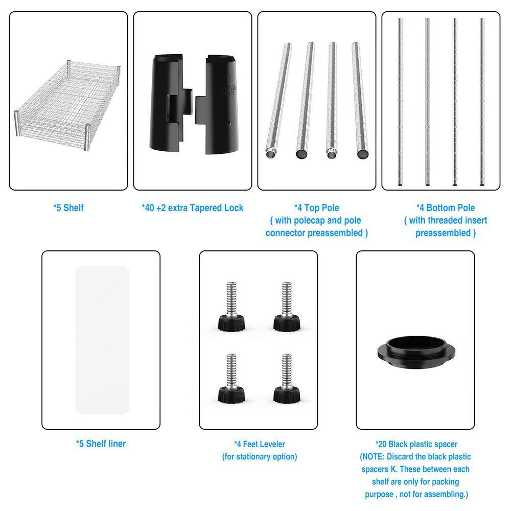 5 Tier Shelf Wire Shelving Unit-5T-1636-C-LKJ, 72H in Chrome - Hercitys