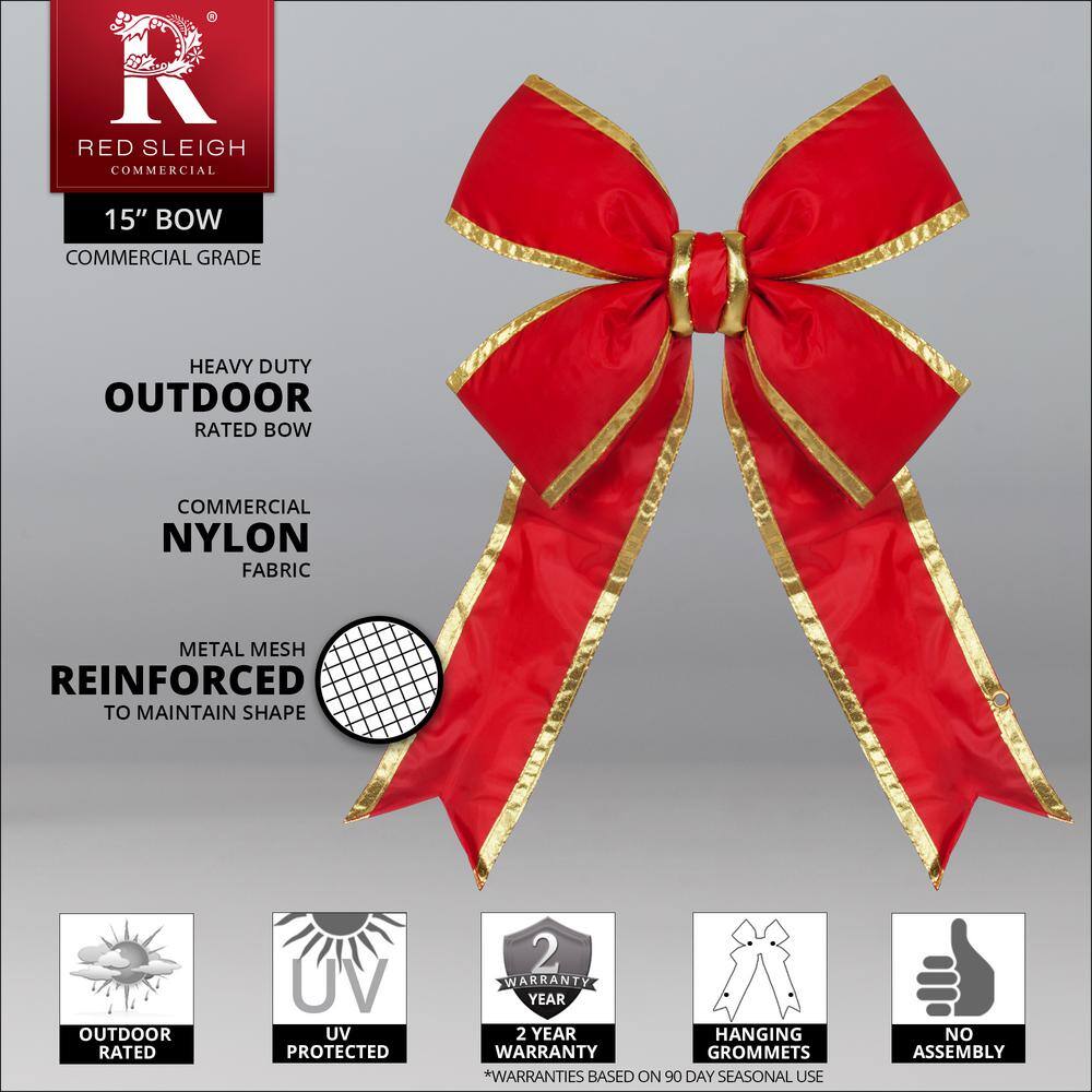 15 in. Red Nylon Outdoor Christmas Structural Bow with Gold Trim - Hercitys
