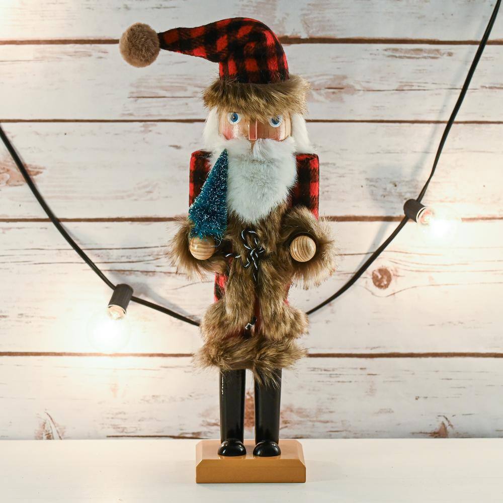 15 in. Wooden Nostalgic Santa Nutcracker-Red and Black Nutcracker with Plaid Coat and Brown Fur Holding a Xmas Tree - Hercitys