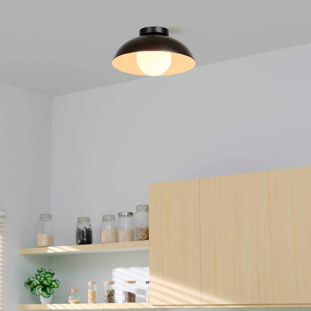13 in. 1-Light Matte Black Flush Mount Ceiling Light with White Opal Glass Shade - Hercitys