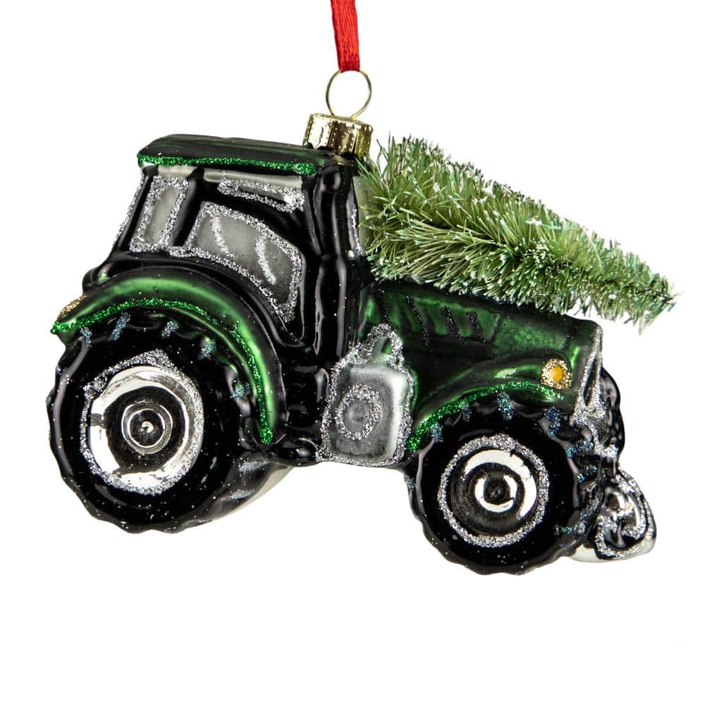 4 in. Green Tractor with a Christmas Tree On Top Glass Ornament - Hercitys