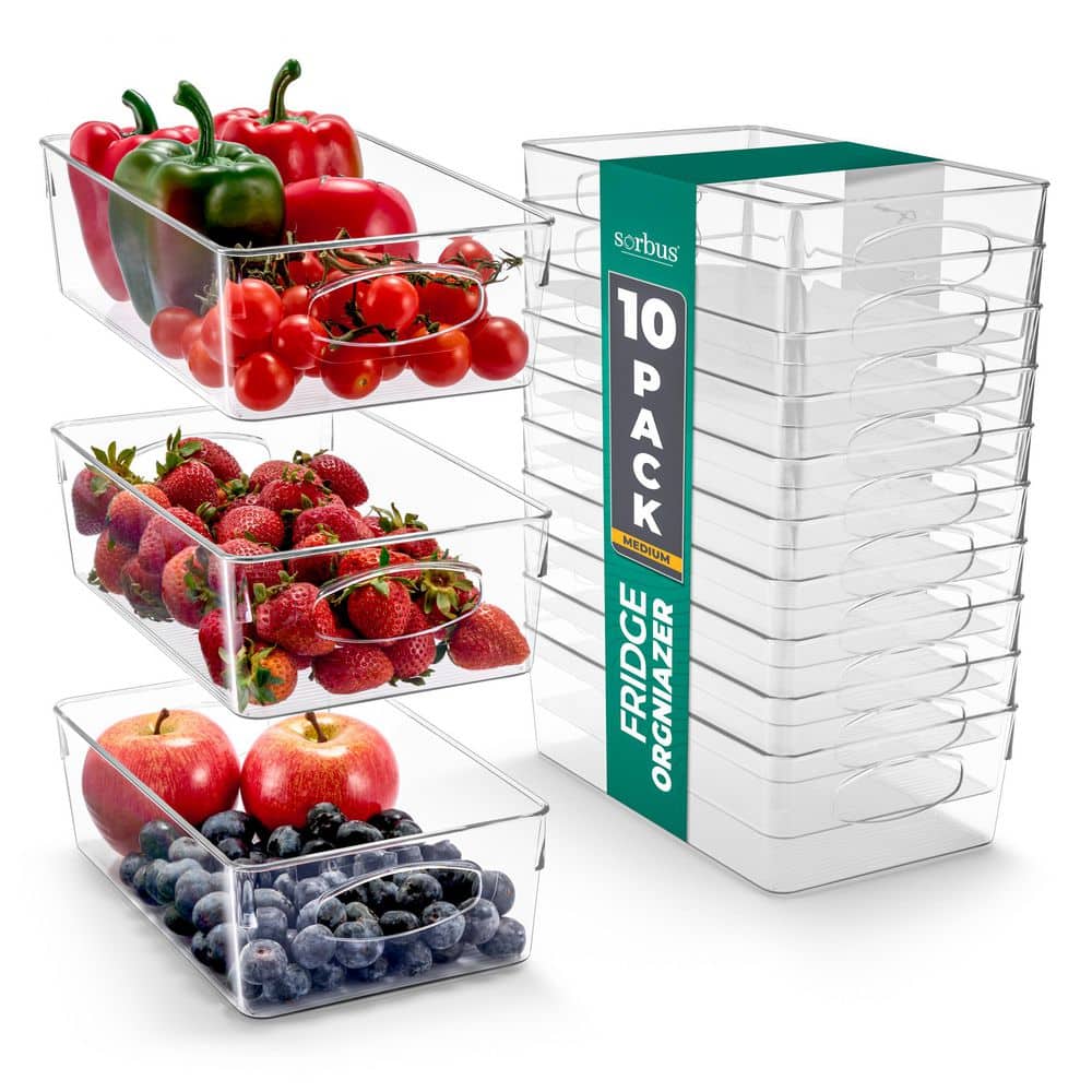 10-Pack Medium Clear Plastic Organizing Bins, Stackable Refrigerator, Fridge, Pantry, and Kitchen Storage Organizers - Hercitys