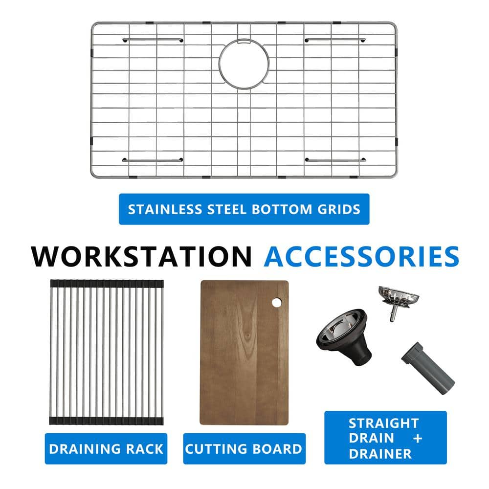 33 in. Drop-In/Undermount Single Bowl 16 Gauge Gunmetal Sliver Stainless Steel Kitchen Sink with Bottom Grids - Hercitys