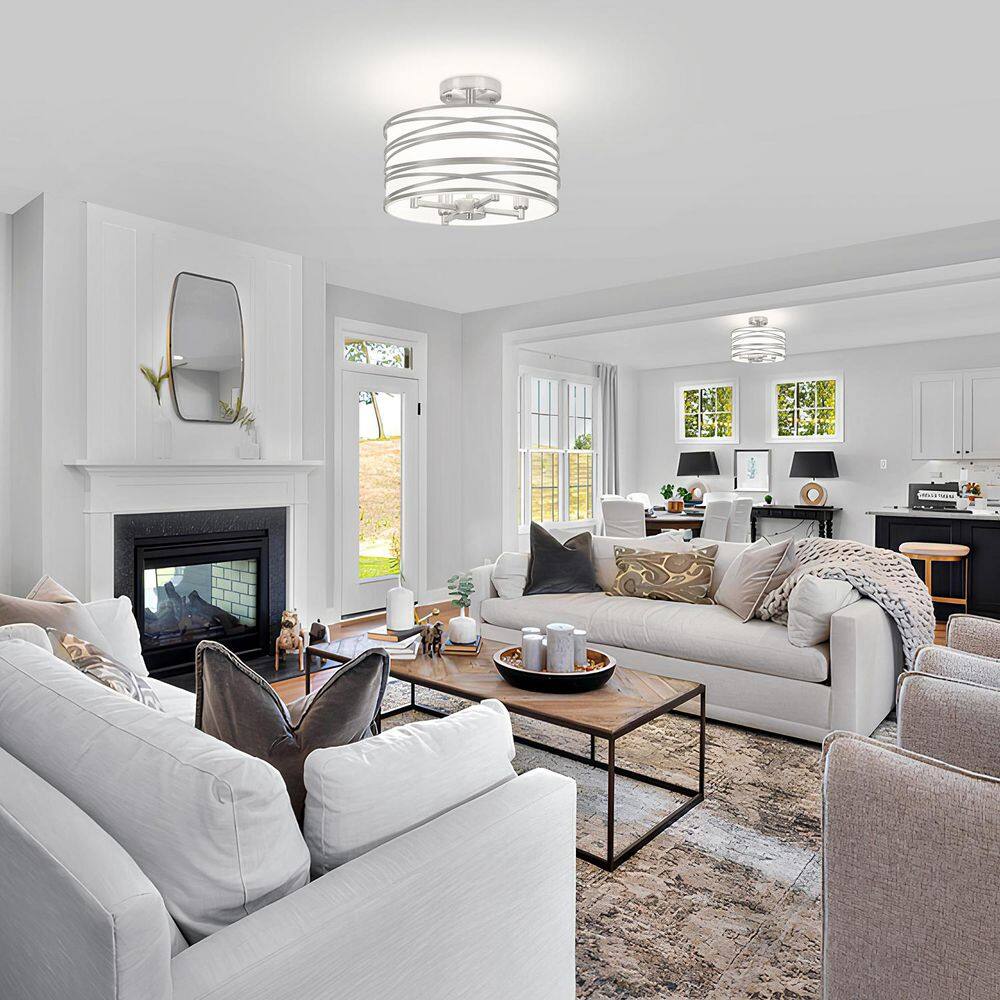 12.99 in. 4-Light Modern Silver Metal and Fabric Drum Semi Flush Mount Ceiling Light Fixture - Hercitys