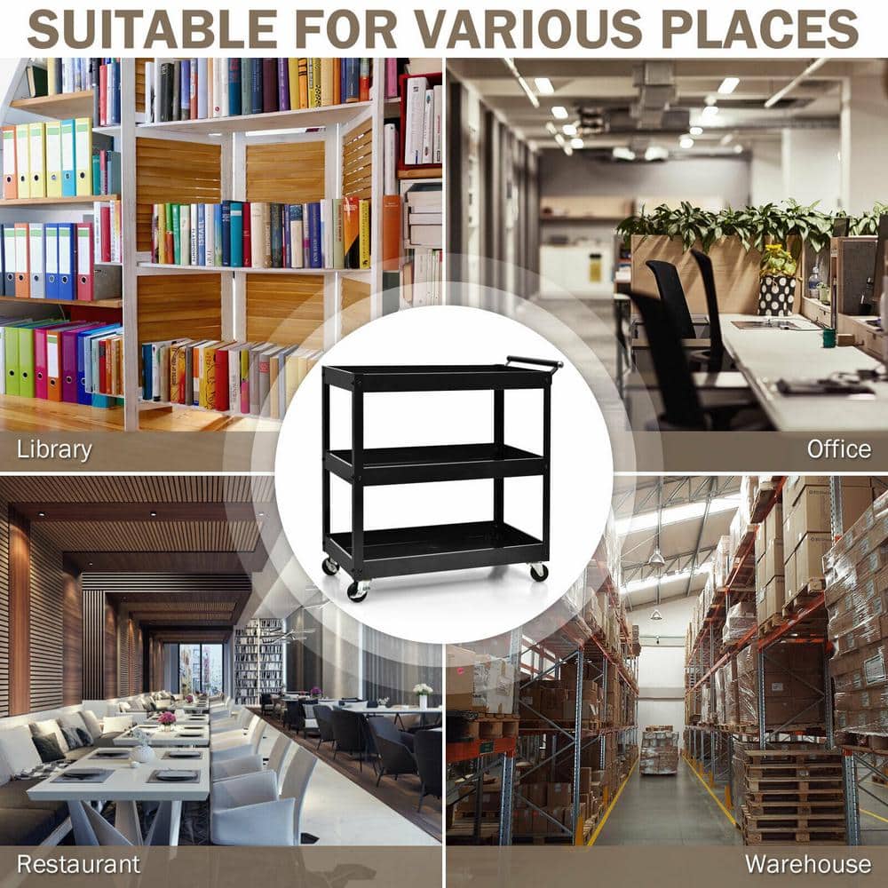 3-Tier Black Rolling Utility Kitchen Cart on Wheels with Steel Frame and Four Wheels - Hercitys