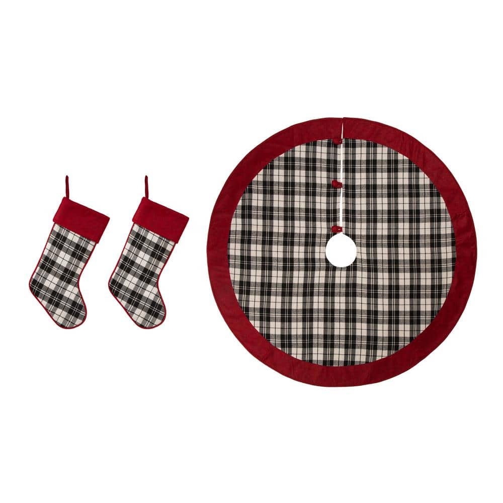 48 in. D Black and White Plaid Fabric Christmas Tree Skirt and 2-Pack 20 in. Stocking (Set of 3) - Hercitys