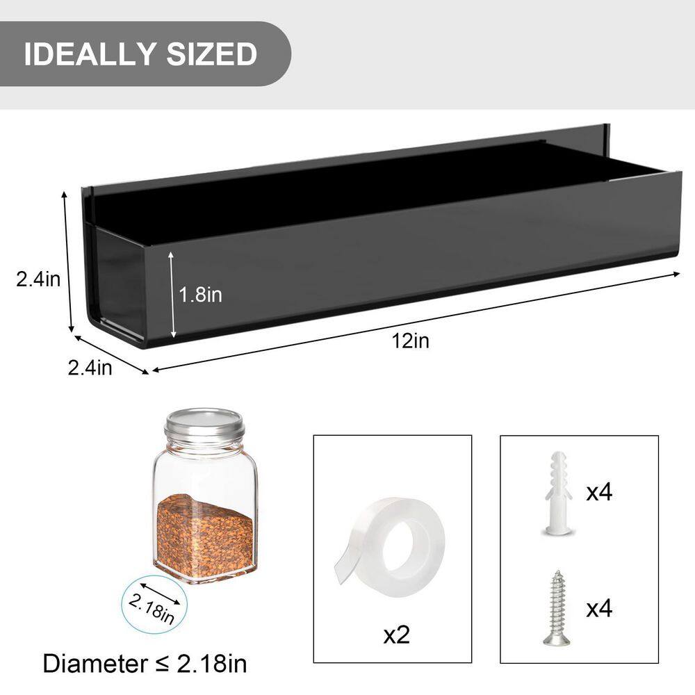4-Pack Black Adhesive Acrylic Spice Rack with 2-Nano Double Sided Tape, Wall Mount Spice Shelf for Kitchen - Hercitys