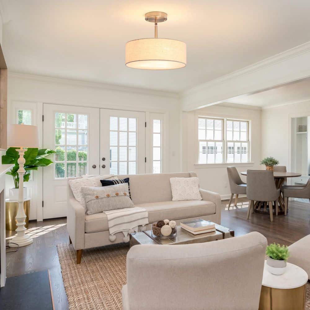 12.6 in. 3-Light Nickel Farmhouse Drum Semi-Flush Mount Light with Linen Cover - Hercitys