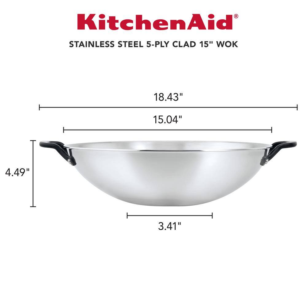 5-Ply Clad 15 in. Polished Stainless Steel Wok - Hercitys