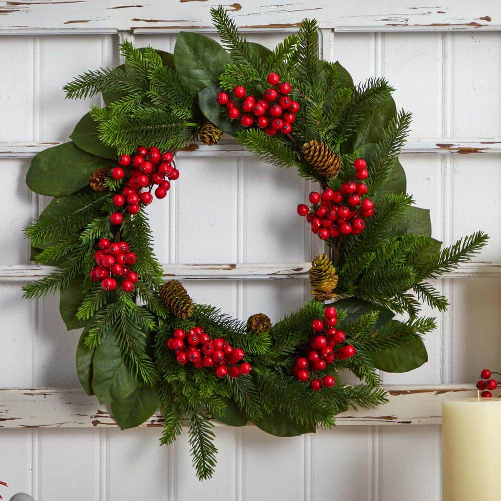 24in. Artificial Unlit Artificial Holiday Wreath with Magnolia Leaf, Berry and Pine - Hercitys