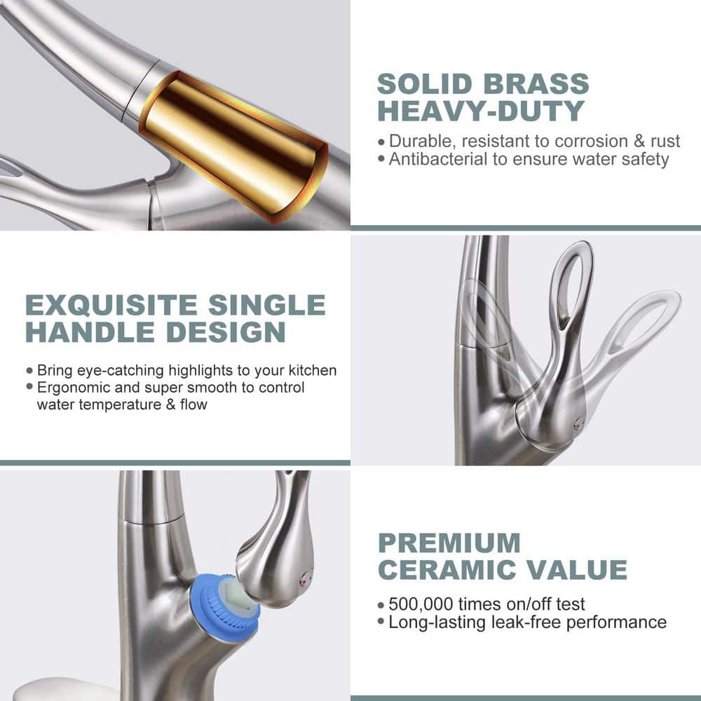 19.9 Magnetic 360 ° Spout Swivel Pull Down Sprayer Kitchen Faucet with Deckplate and Supply Line in Brushed Nickel - Hercitys