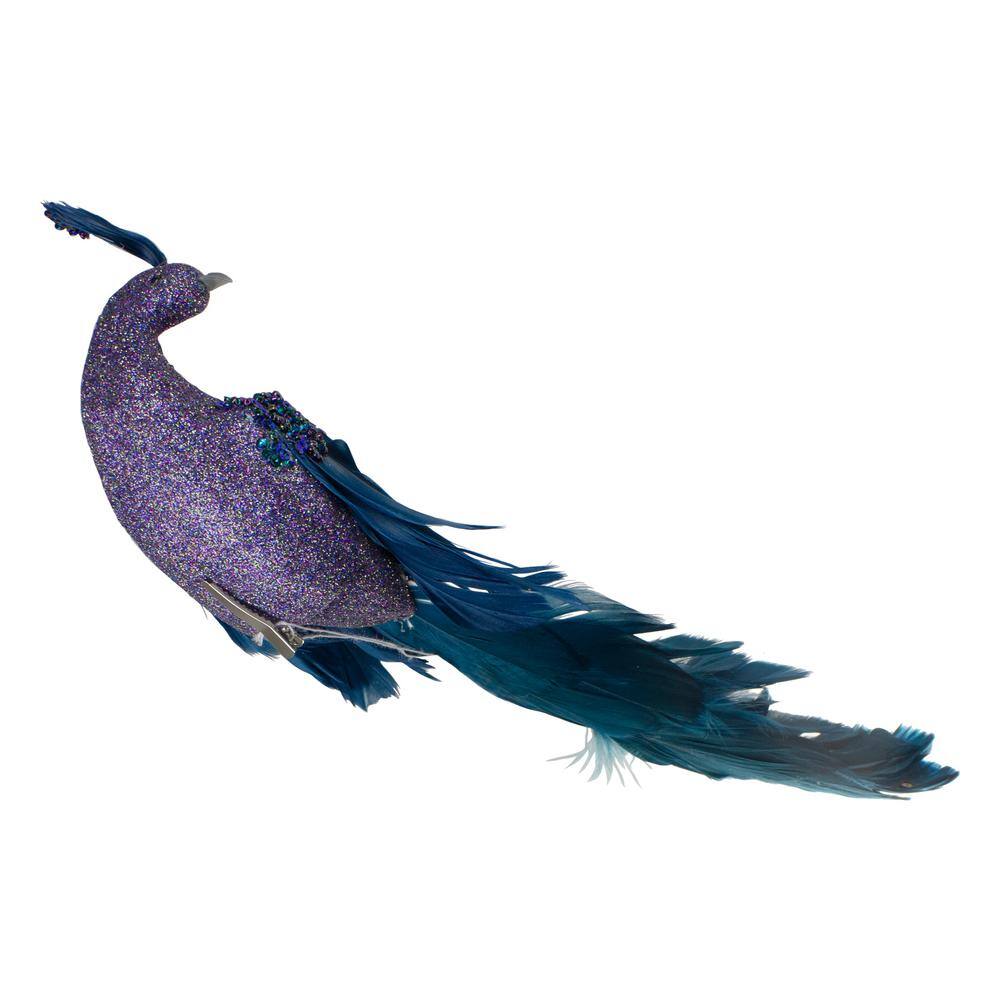 14.75 in. Glittered Blue and Green Peacock Christmas Clip-On Christmas Ornament - Hercitys
