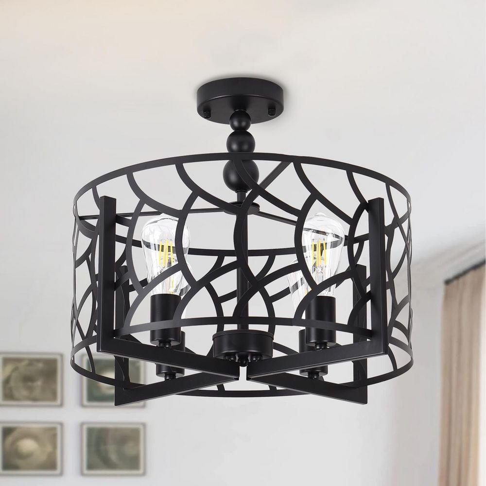 18.9 in. 4-Light Black Industrial Cage Drum Semi-Flush Mount - Hercitys