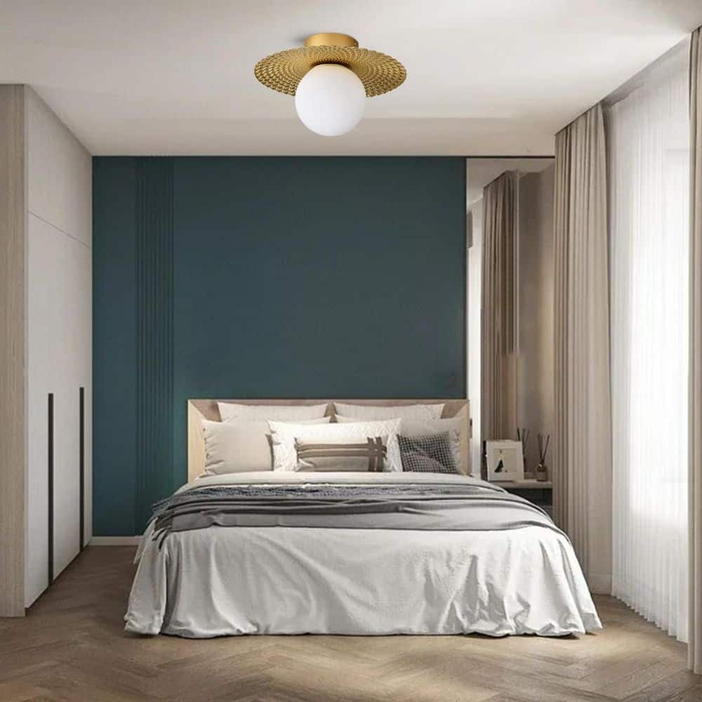 12.6 in. 1-Light Golden Diffuser Semi-Flush Mount Ceiling Light with Metal Pleated Shade and White Glass Shade - Hercitys