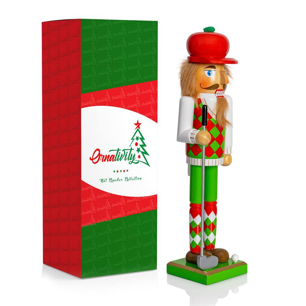 15 in. Wooden Golf Player Christmas Nutcracker-Red and Green Golfer with Club and Ball Holiday Nutcracker Figure Decor - Hercitys