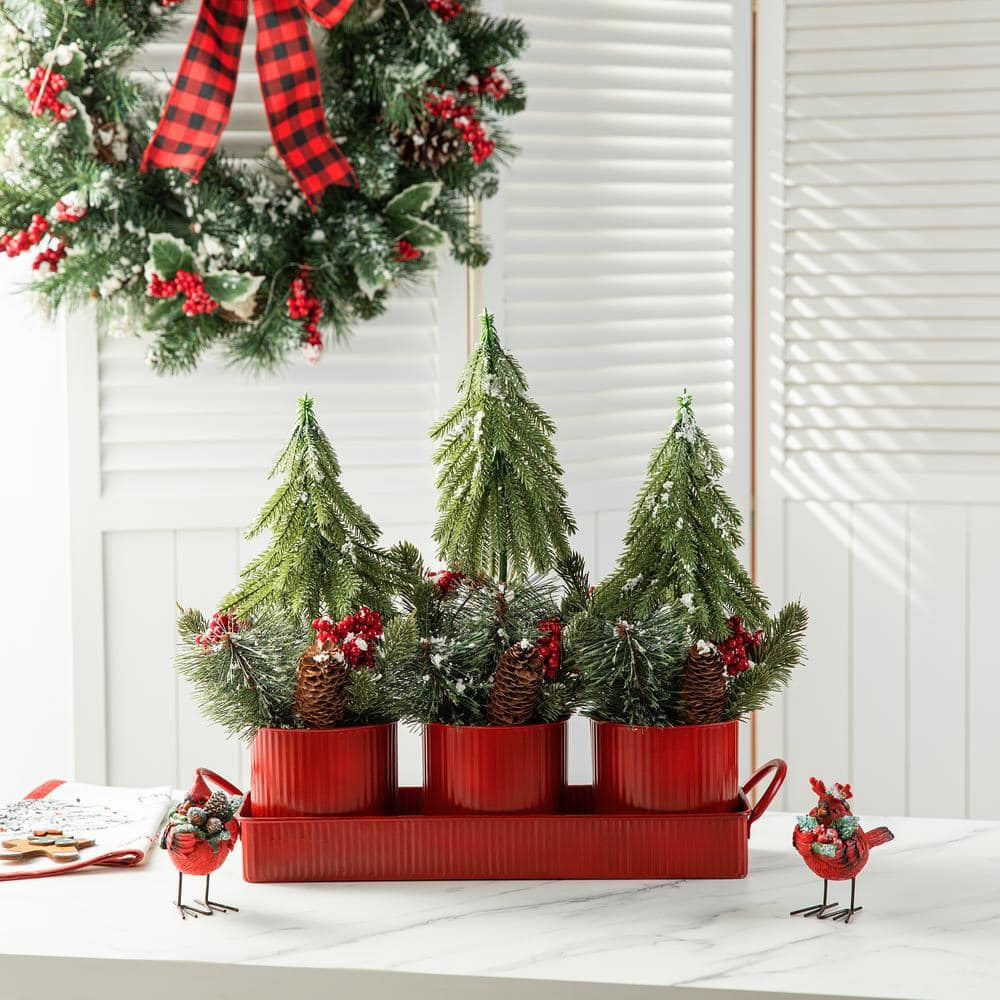 21 in. L Christmas Metal Potted Triple Trees Centerpiece or Table Tree - Hercitys
