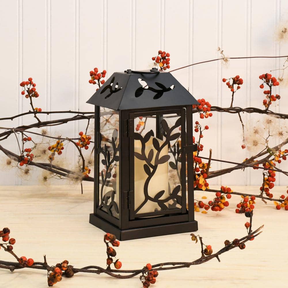 5.3 in. x 9 in. Black Vine Metal Lantern with LED Candle - Hercitys