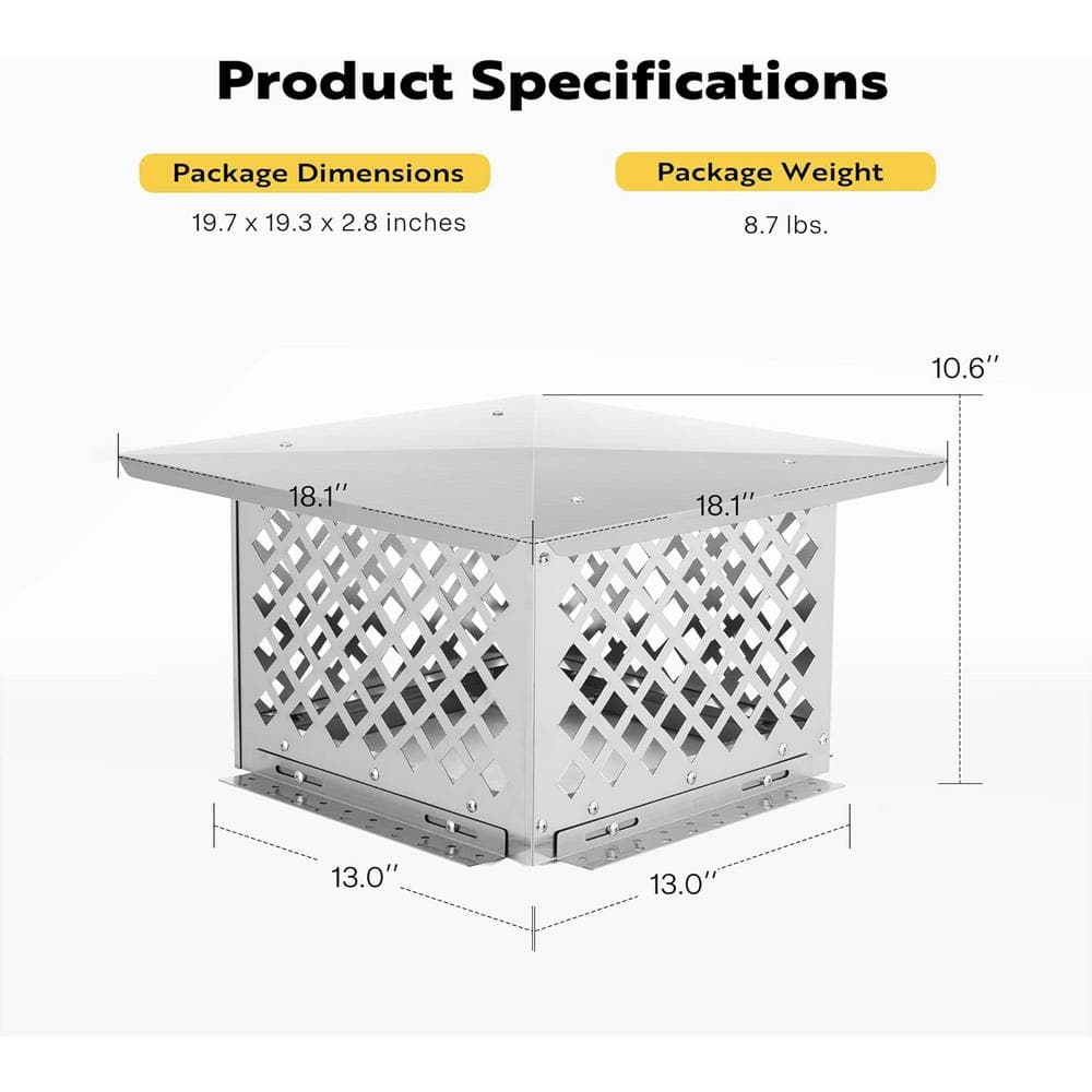 13 in. x 13 in. Square Adjustable Mesh Chimney Cap in Stainless Steel - Hercitys
